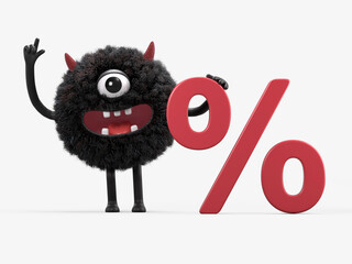 Fluffy, cute monster beside a "%" symbol, representing discounts and promotions. 3D rendering, conceptual image. Isolated on white background.