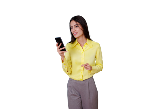 Young business woman using smartphone, browsing, smiling, and interacting with device on transparent background