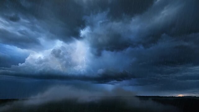 Dramatic thunderstorm with bright lightning strikes illuminating dark stormy clouds and heavy rain over a misty landscape at dusk