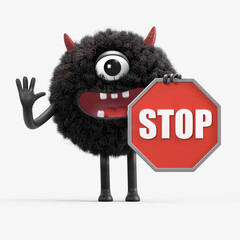 Fluffy, cute monster holding a stop sign, symbolizing caution or halting. 3D rendering, conceptual image. Isolated on white background.