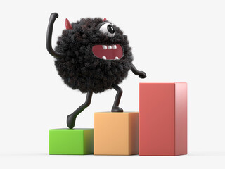 Fluffy, cute monster climbing blocks, symbolizing progress or growth. 3D rendering, conceptual image. Isolated on white background.