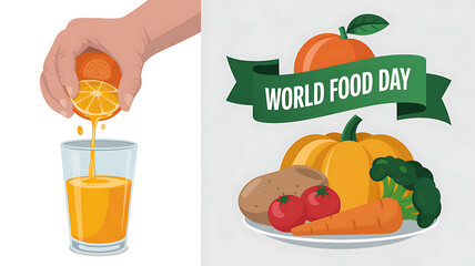 Celebrating world food day with fresh orange juice and a variety of healthy vegetables isolated on white background, promoting nutrition and wellness