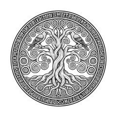 Celtic Tree of Life Symbol – Sacred Knotwork Yggdrasil Design for Tattoos, Spiritual Art, and Pagan Decor, vector illustration, isolated black and white, Vector art