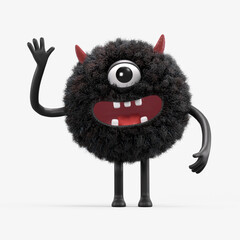 Fluffy, cute monster waving, symbolizing greeting or friendliness. 3D rendering, conceptual image. Isolated on white background.