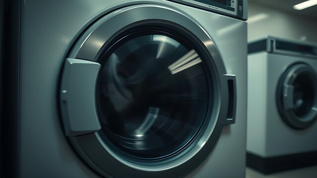 imploding. An old washing machine in motion during its spin cycle at a laundromat. safety posters, maintenance manuals, designed for precision metalworking and fabrication facilities.