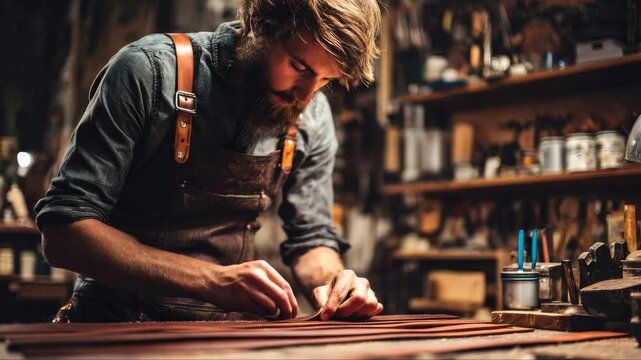 Skilled craftsman meticulously working on leather pieces in a workshop, showcasing detailed craftsmanship, camera zooms in on focused hands and tools
