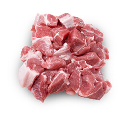 An overhead view of a pile of raw, freshly diced pork shoulder cubes (chunks) with visible fat, isolated on a light gray background. PNG
