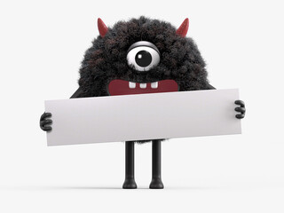Fluffy, cute monster holds a blank sign, symbolizes information and advertising display. 3D rendering, conceptual image. Isolated on white background.