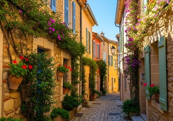 Charming street in Provence, France with colorful buildings and flower decorations.