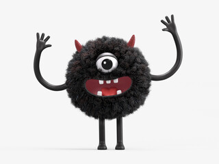 Fluffy, cute monster with raised arms, symbolizing excitement or victory. 3D rendering, conceptual image. Isolated on white background.