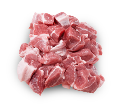 An overhead view of a pile of raw, freshly diced pork shoulder cubes (chunks) with visible fat, isolated on a light gray background. PNG
