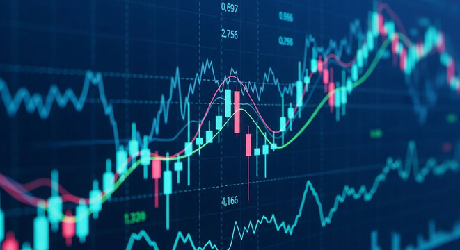 Financial Stock Market Candlestick Chart with Moving Averages and Data