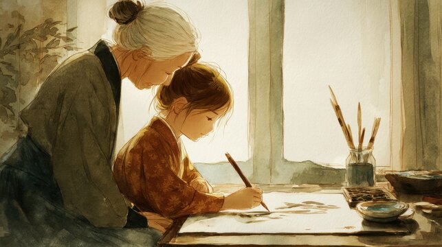 Elderly Woman Teaching Young Girl Calligraphy in Sunlit Room Traditional Art Scene