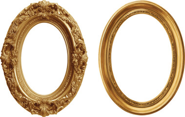 Set of decorative vintage oval gold frame png, golden photo frames set painting isolated on transparent background.