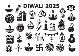 Diwali 2025 Solid Icons Set - Deepavali Festival Glyph Symbols Vector Collection