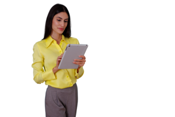 Businesswoman using digital tablet for remote work, managing business data, and online communication on transparent background