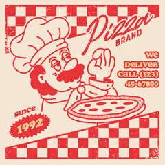 Vintage-style poster illustration of Italian chef presenting pizza with perfect taste gesture. Retro pizzeria design with checkered background for restaurant branding and food marketing.
