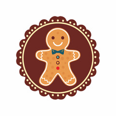 Fototapeta premium Gingerbread man emblem: A charming gingerbread man smiles warmly, decorated with a bow tie and buttons, framed by an elegant emblem. conveying festive cheer and sweetness.