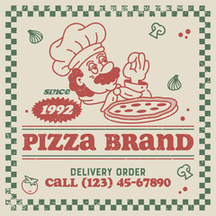 Vintage-style poster illustration of Italian chef presenting pizza with checkered border and food doodles. Retro pizzeria design with Italy flag colors for restaurant branding.