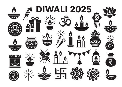 Diwali 2025 Solid Icons Set - Deepavali Festival Glyph Symbols Vector Collection