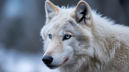 Close up portrait of a white wolf with piercing blue eyes outdoors