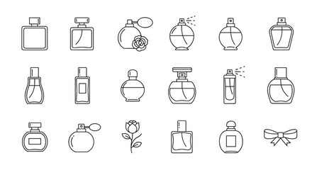 Collection of minimalist linear icons representing various perfume bottles, including spray bottles, classic atomizers, and decorative flasks, alongside a rose and a bow, perfect for web design