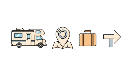Set of flat design icons representing travel and adventure: a motorhome for road trips, a map pin for navigation, a suitcase for luggage, and a direction pointer for guidance, all with editable