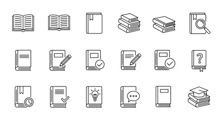 Collection of editable line vector book icons, presented on a clean white background. This set features various book-related symbols including open books, closed books, stacks of books, books with