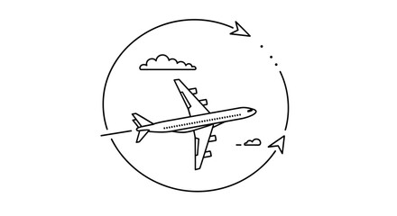 Minimalistic thin line icon of a commercial airplane in flight, depicted with a circular arrow indicating travel or a route, accompanied by simple cloud graphics. This vector cartoon illustration is
