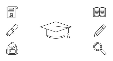 Set of simple line icons representing education and learning, including a graduation cap, diploma, scroll, open book, pencil, magnifying glass, and backpack, all on a clean white background, perfect