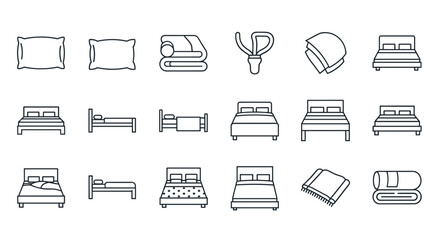 Minimalist line icon set featuring bedding essentials including pillows, a duvet cover, sheets, single and double beds, a mattress, and blankets, presented as a clean outline vector illustration for