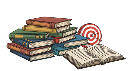 A stack of colorful hardcover books, an open book, and a bullseye target with an arrow hitting the center, symbolizing achievement, education, and goal setting, presented as a cartoon vector