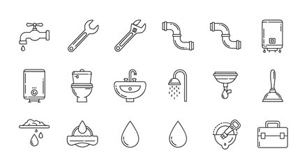 A comprehensive collection of plumbing-related line icons, featuring a faucet, wrenches, pipes, water heater, toilet, sink, shower, plunger, and toolbox, perfect for infographics, articles, books