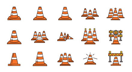 Vivid collection of traffic cone line icons, featuring editable strokes, perfect for infographics, articles, books, flyers, and banners. This vector cartoon illustration showcases various cone