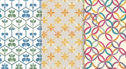 Collection of seamless vector geometric flower patterns in blue, green, yellow, orange, pink, purple, and teal, perfect for fabric, wallpaper, packaging, and decorative prints, offering a vibrant and