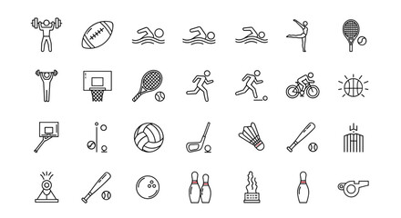 Modern Thin Line Editable Icons Set for Athletic Sports Activities: A Vector Illustration Featuring Summer Sports, Gym Exercises, Football, Swimming, Tennis, Cycling, Basketball, Golf, Badminton