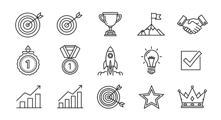 Set of linear style outline icons representing success and achievement, including targets, goals, mission accomplishment, winning trophies, medals, rockets, lightbulbs for ideas, charts for growth