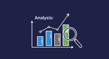 Conceptual illustration of business analysis and quality control, featuring a bar chart with an upward trend line, a magnifying glass for inspection, and icons representing evaluation, checklist
