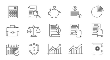 Set of outline icons related to accounting, audit, and taxes, including a calculator, audit document with magnifying glass, piggy bank, money stack, pie chart, briefcase, scales of justice, invoice