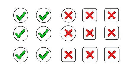 Set of green check marks and red crosses in circles and squares, representing correct and incorrect choices, presented in ordered lines on a clean white background, perfect for decision-making