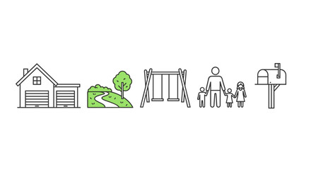 Suburban home icons in a clean line art style, featuring an attached house with a garage, a green backyard with a winding path and a tree, a swing set for children, a family group, and a classic
