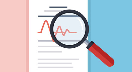 Magnifying glass over a document with a red line graph, symbolizing data analysis, research, and business insights. This flat design icon represents investigation and discovery in a professional