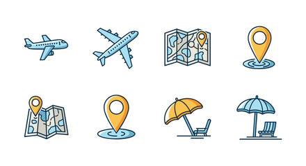 Vibrant line icon set for vacation and travel design, featuring airplanes, folded maps with location pins, and beach umbrellas with lounge chairs, perfect for creating engaging cards, social media