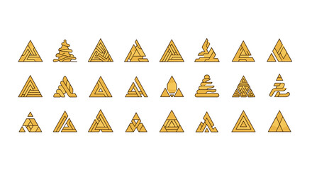 Set of 24 abstract golden triangle logo designs, perfect for branding and graphic resources. This collection features geometric shapes, modern icons, and minimalist patterns, all on a clean white