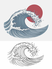 A striking wave illustration combined with a bold sun background, capturing the essence of nature's beauty and energy while evoking feelings of vitality, freedom, and adventure.