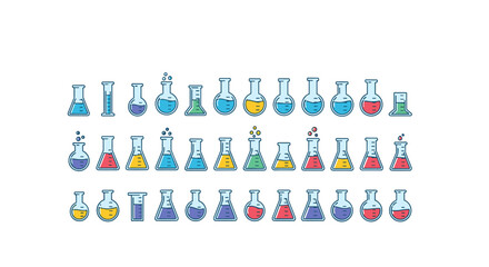 Collection of colorful, minimalistic linear pictograms representing various laboratory flasks filled with different colored liquids, including bubbling effects, ideal for science, technology, and
