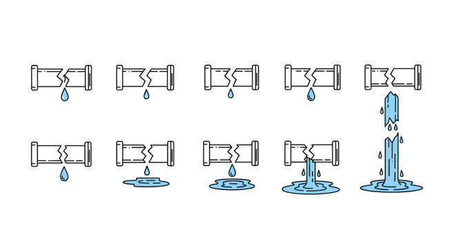 Set of ten thin line icons representing broken pipes with water leaks, from a single drop to a gushing stream, isolated on a white background. This vector cartoon illustration is perfect for web