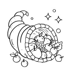 Cornucopia filled with fruits in black line art style with sparkling festive accents