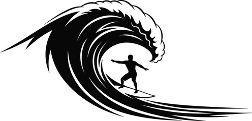 Surfer, wave, ocean, extreme sport, surfing, black and white, illustration, dynamic, motion, energy, bold lines, cresting wave, stylized, minimalist, adventure, sea, water, balance, thrill, dramatic