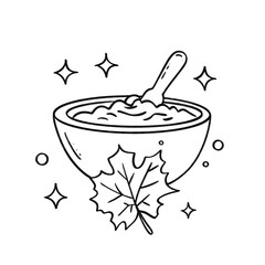 Bowl of mashed potatoes with spoon, maple leaf, and sparkles in minimal black line art style